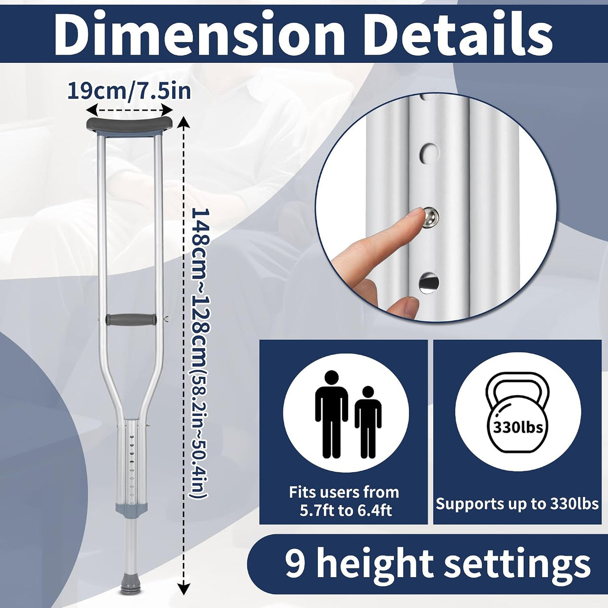 Underarm Crutches Set of 2 Adjustable Aluminium 150kg Padded Handles Large