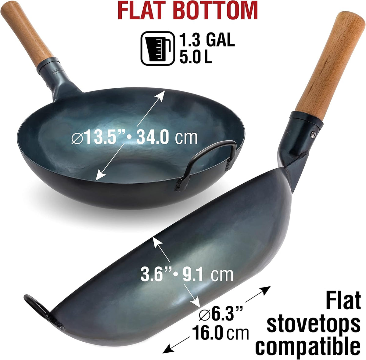 Carbon Steel Wok 34cm Pre Seasoned Flat Bottom Blue Stir Fry Pan YOSUKATA