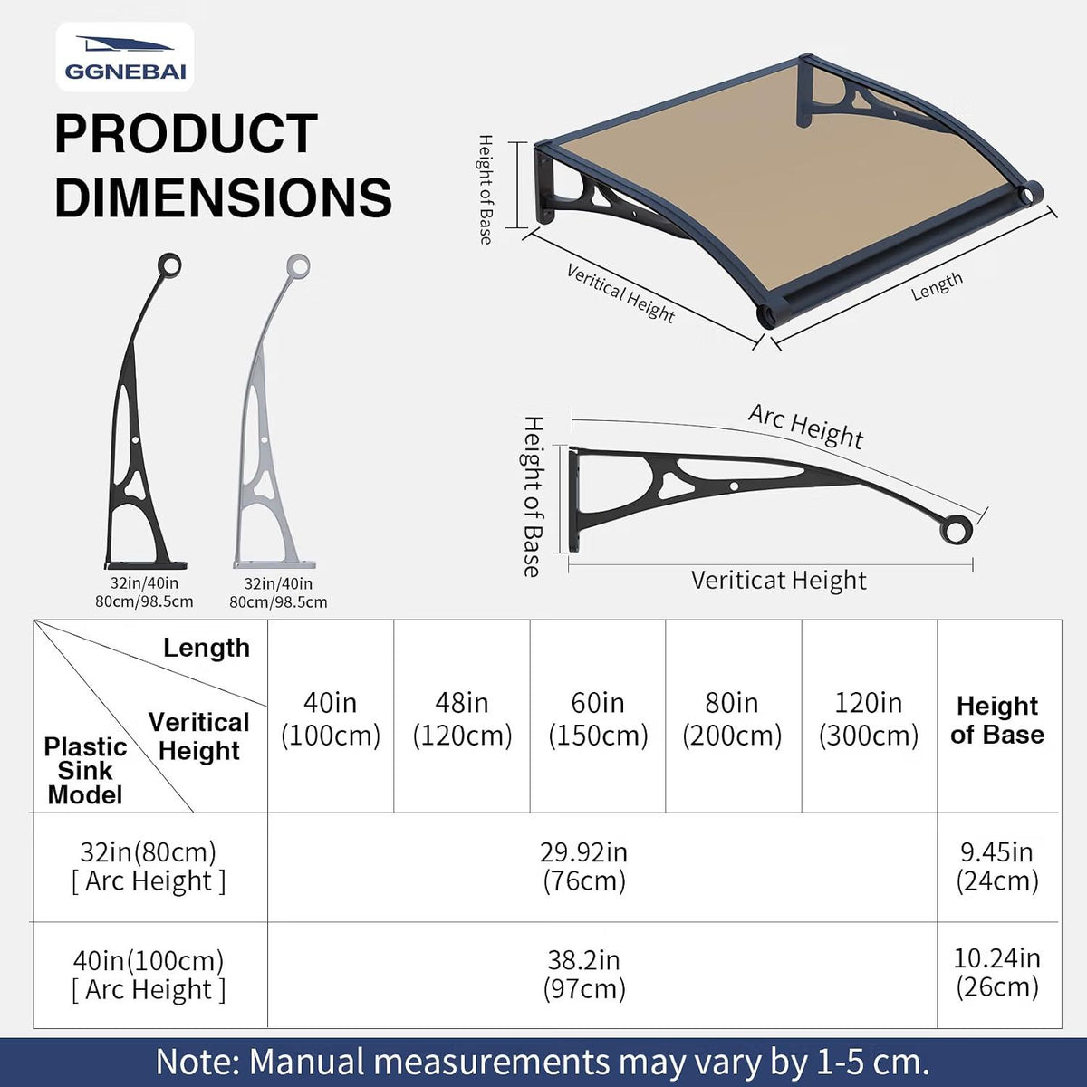 Door Canopy Awning 100x100cm Polycarbonate Aluminium UV Rain Snow Protection