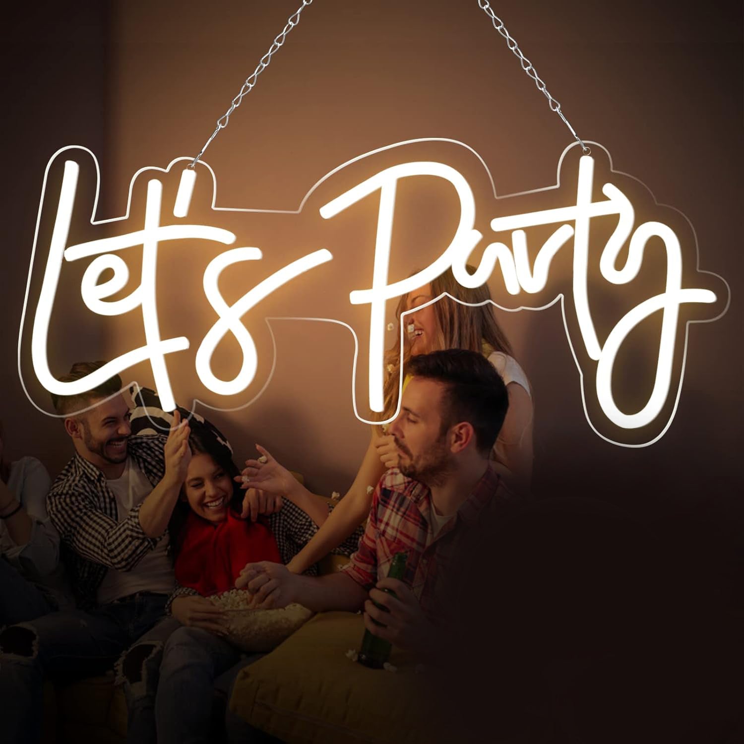 Large ''Let's Party'' Neon Sign 23x10'' w/ Dimmable, LED Wall Decor for Events