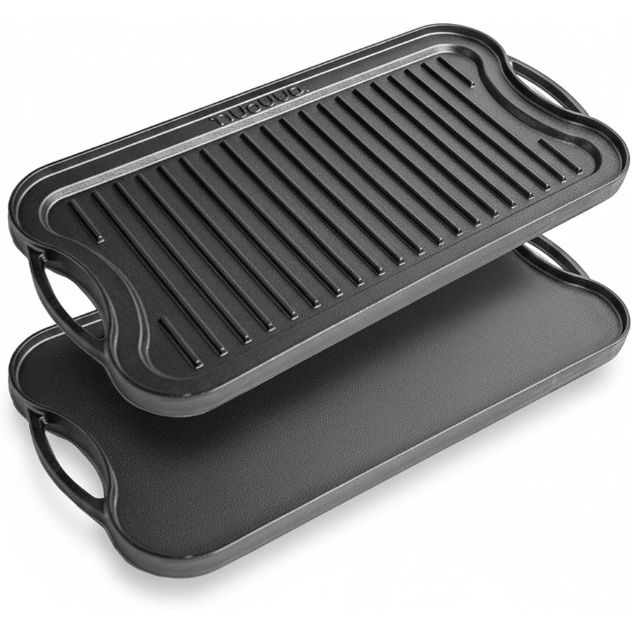 Cast Iron Griddle Pan 50x25cm Double Sided Pre Seasoned Gas Hob BBQ Grill nuovva