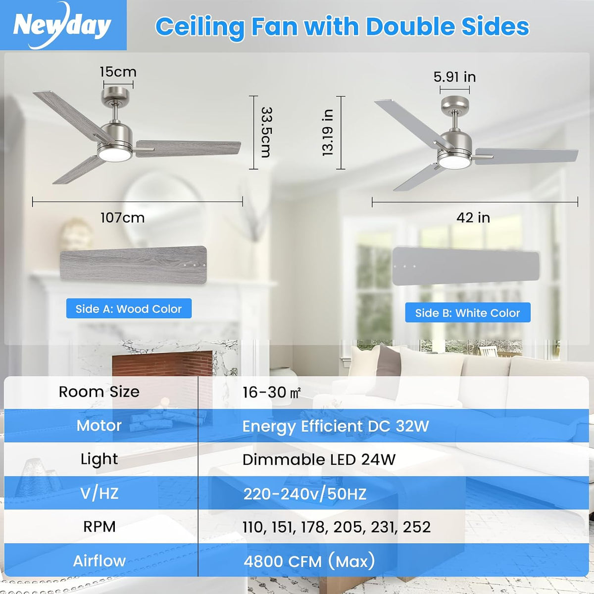 Ceiling Fan with Light 42 Inch Silver Wood Remote Dimmable DC Motor Newday