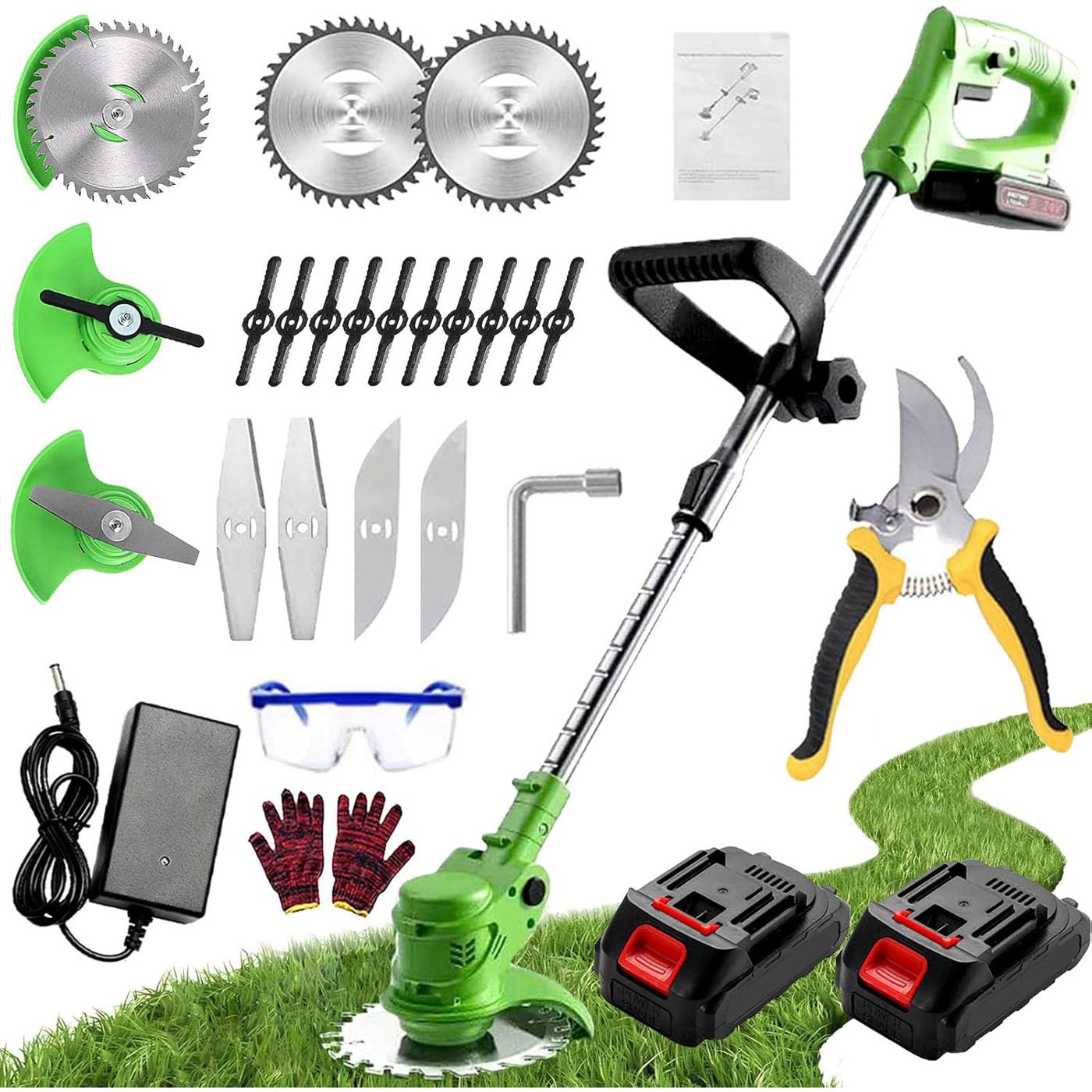 Powerful cordless grass trimmer with 3 blade types, adjustable pole, 2x 2000mAh batteries, and ergonomic lightweight design. Ideal for trimming lawns, weeds, and shrubs.