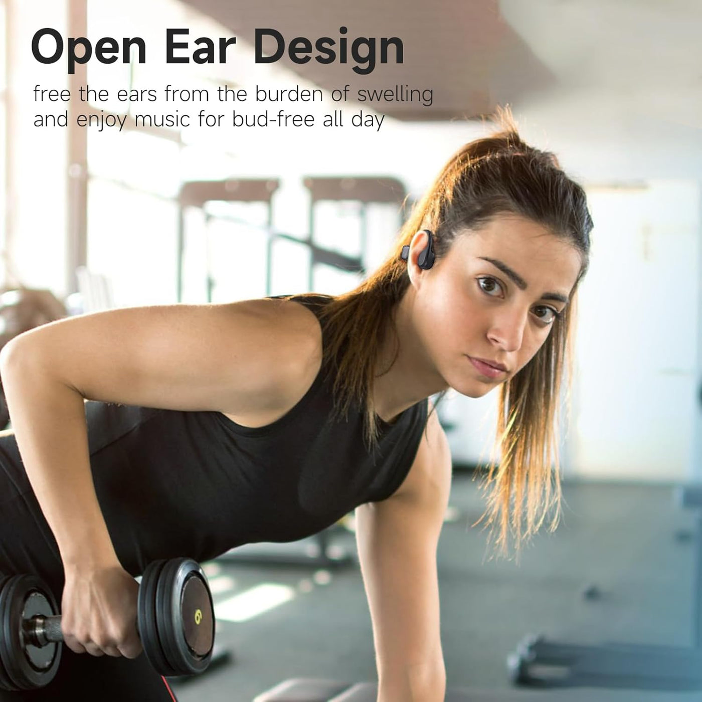 Woman exercising with wireless earbuds, emphasizing open ear design benefits.