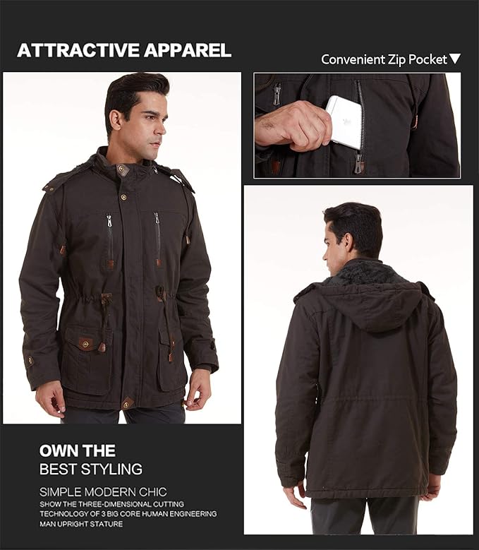 Black jacket with convenient zip pocket feature, shown from front, side, and back views.