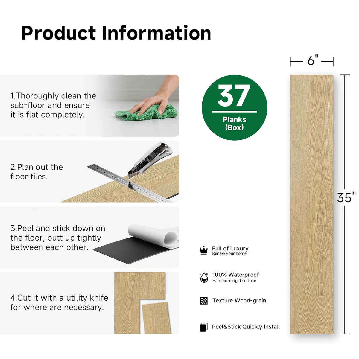 Self Adhesive Vinyl Floor Planks Classic Oak 37 Pack 5.02m2 Peel Stick Flooring