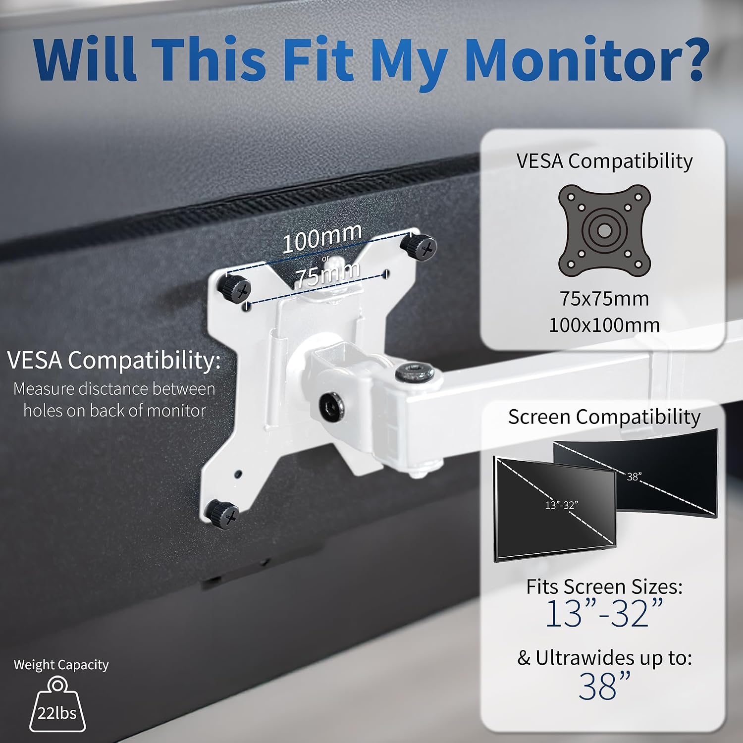 Single Monitor Arm 32 Inch 38 Ultrawide Adjustable VESA White VIVO