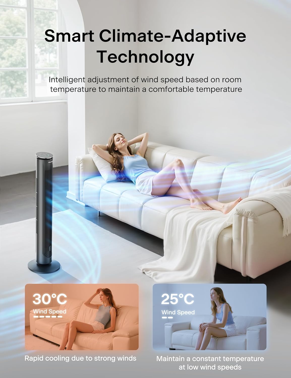 42 Inch Tower Fan Quiet Bladeless Oscillating 5 Speeds PELONIS