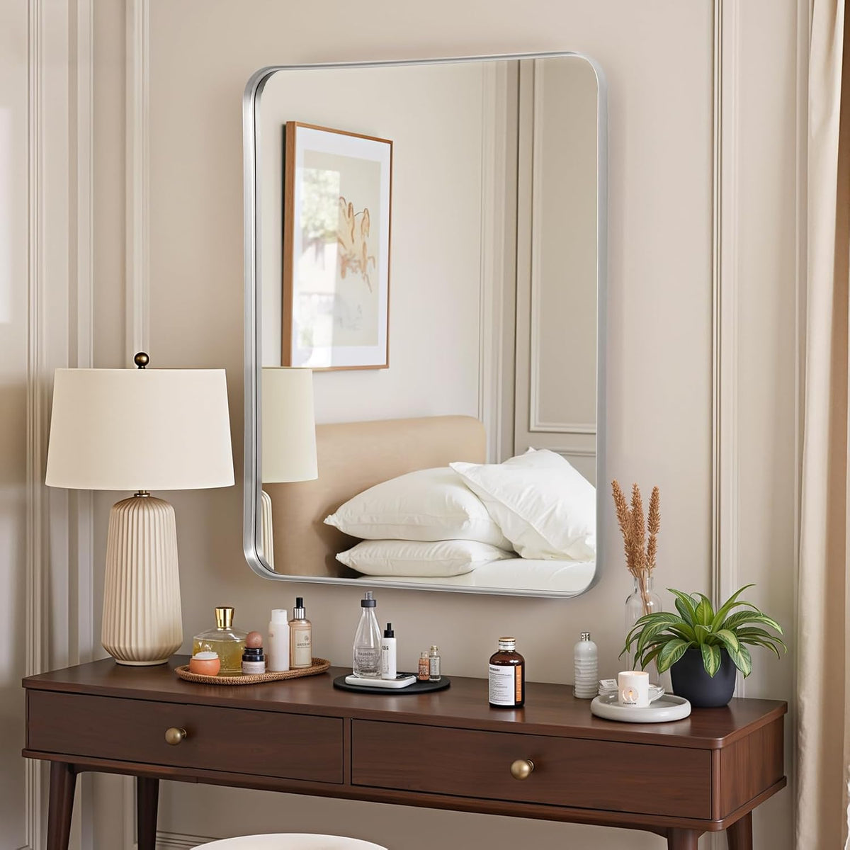 Wall Mirror 60x90cm Silver Frame Rectangle Curved Corners Bathroom Vanity Decor