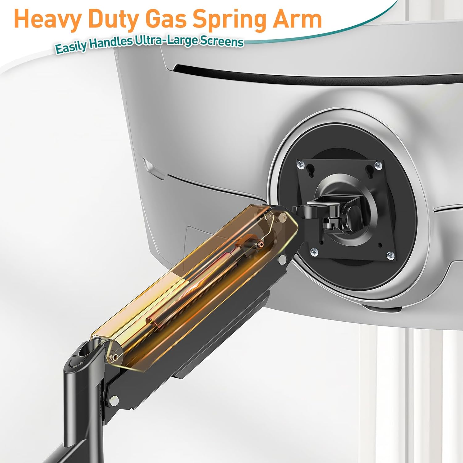 Heavy-duty gas spring arm on a monitor stand with text indicating its capacity to handle large screens.