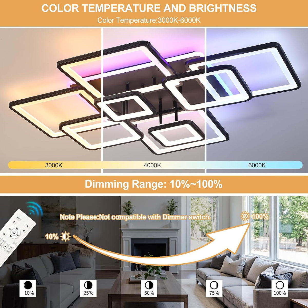LED Ceiling Light 100W Dimmable Flush Mount Remote Modern Living Room Bedroom Lamp