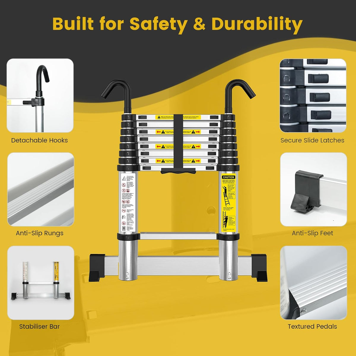 Telescopic Ladder 3.8m Aluminium Extension Stabiliser Bar Hooks EN131 Portable