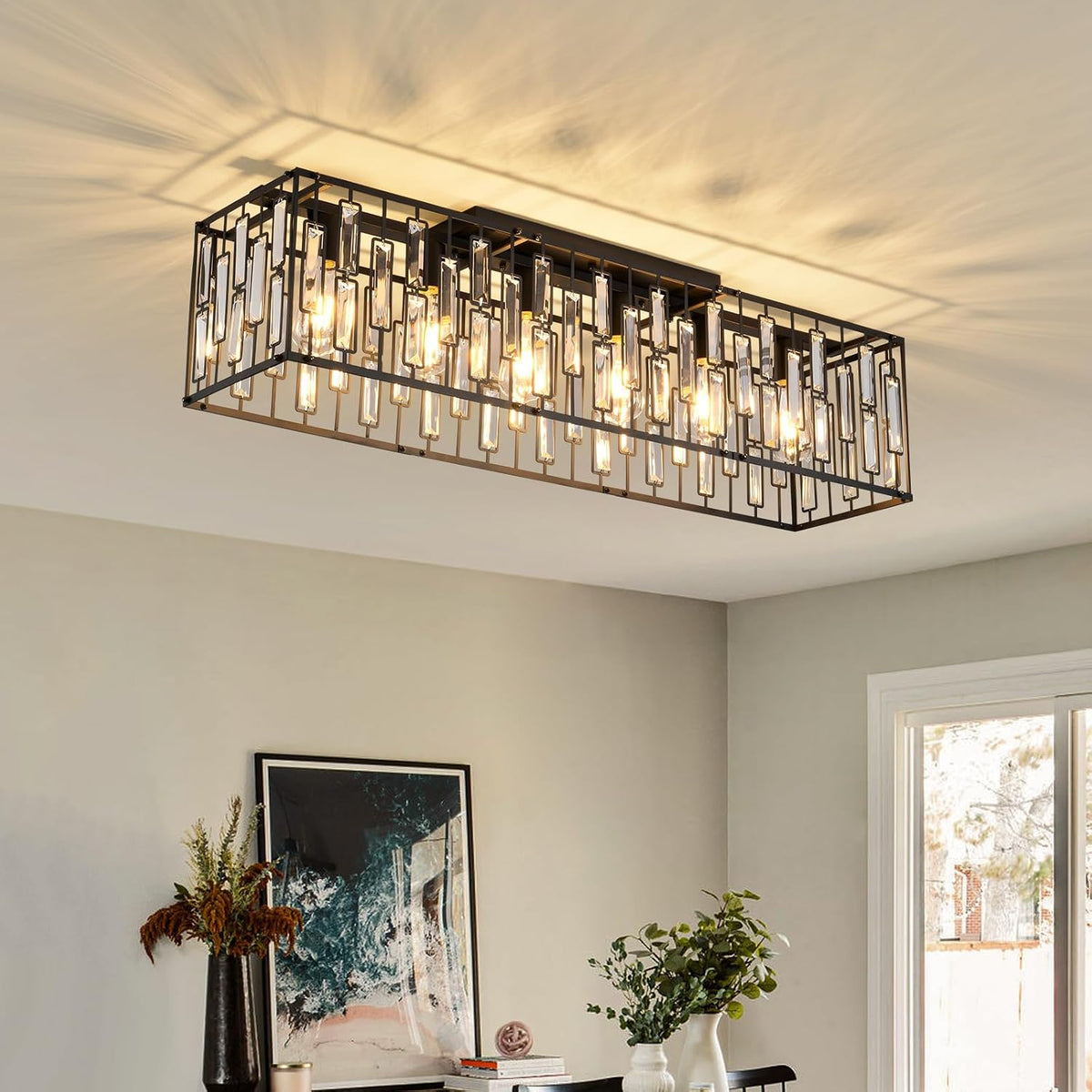 Crystal Ceiling Light 6 Light Black Rectangular Chandelier E27 Modern JIINOO