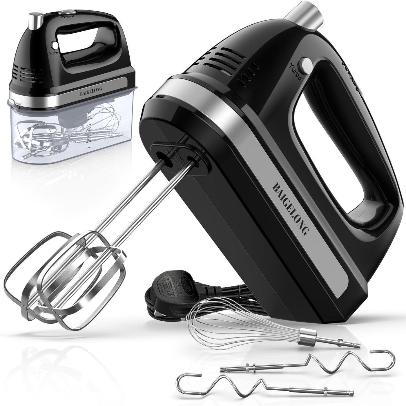 Electric Hand Mixer 300W 5 Speed Turbo Stainless Steel Attachments BAIGELONG Black