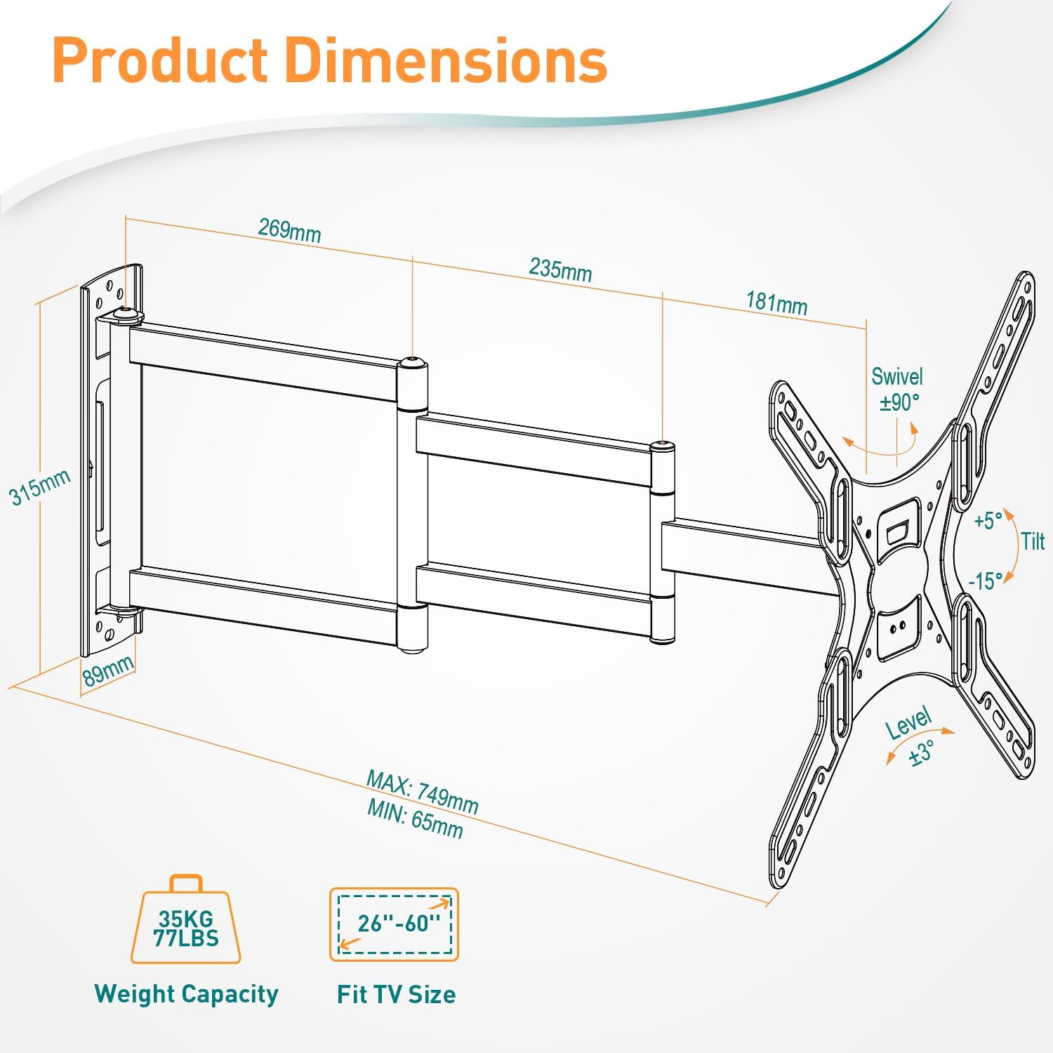 Diagram of a TV wall mount with dimensions and features on a white background