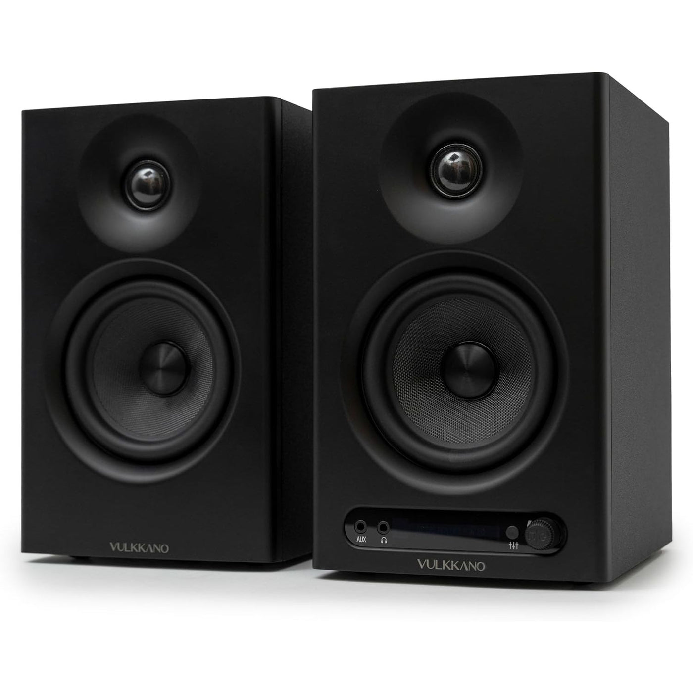 Pair of black Vulkano speakers on a white background