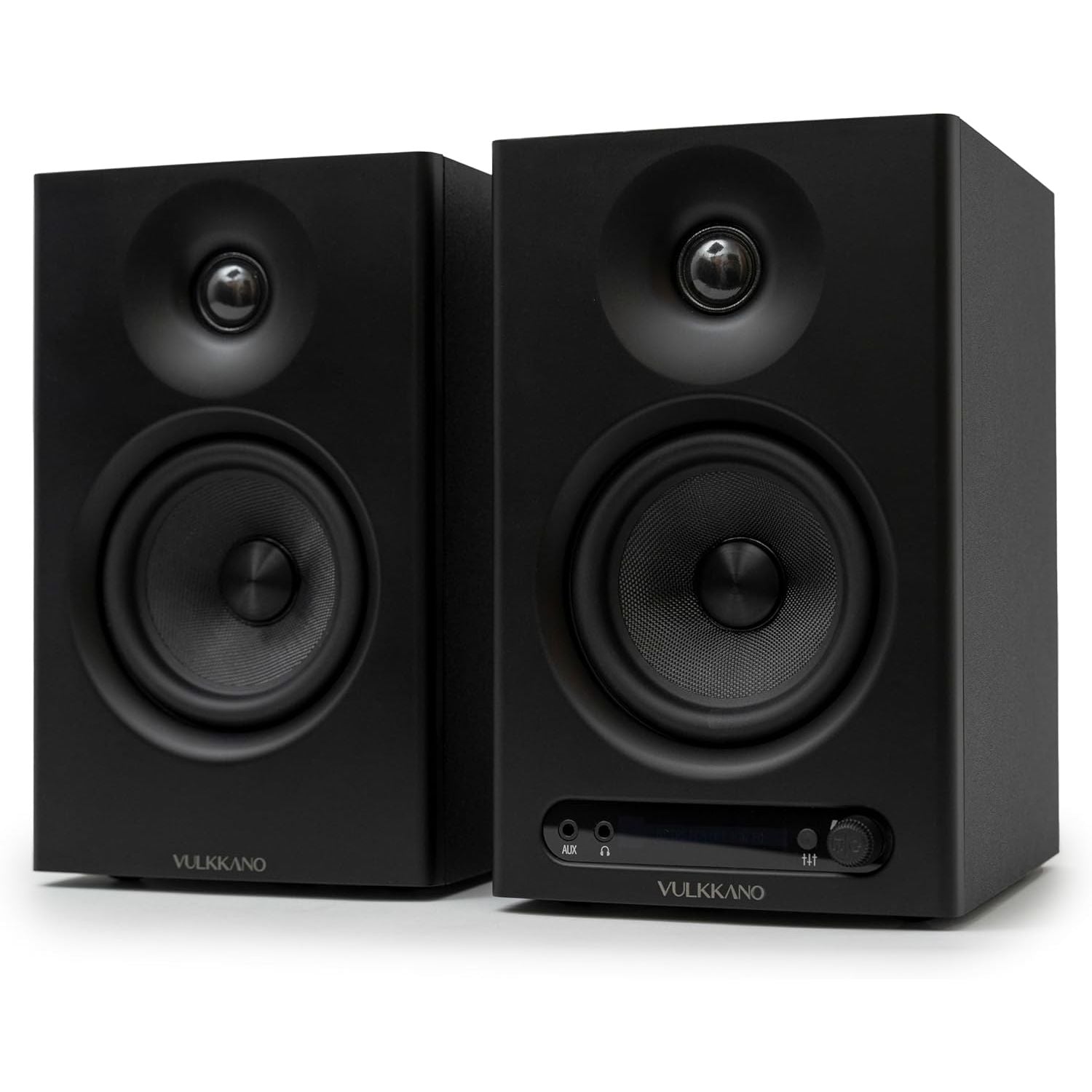 Pair of black Vulkano speakers on a white background