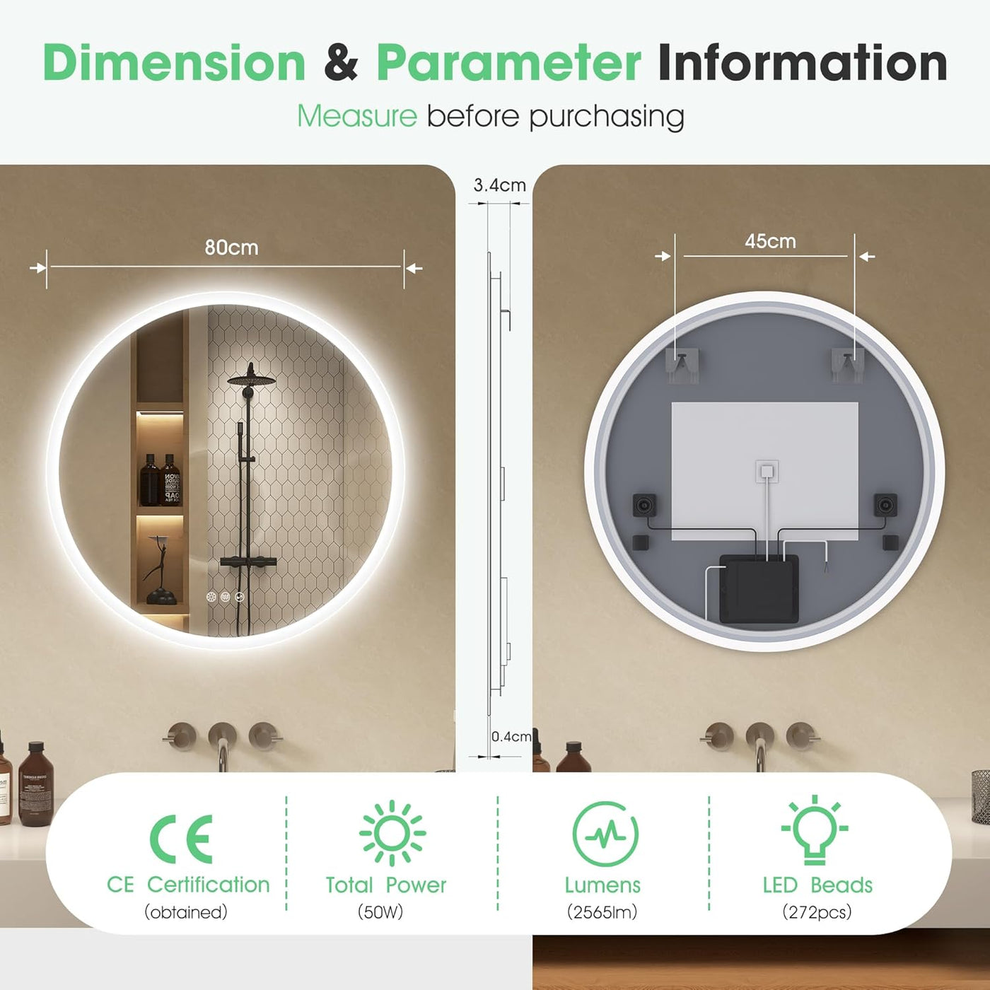 Round LED Bathroom Mirror 800mm Bluetooth Anti Fog Dimmable S'bagno