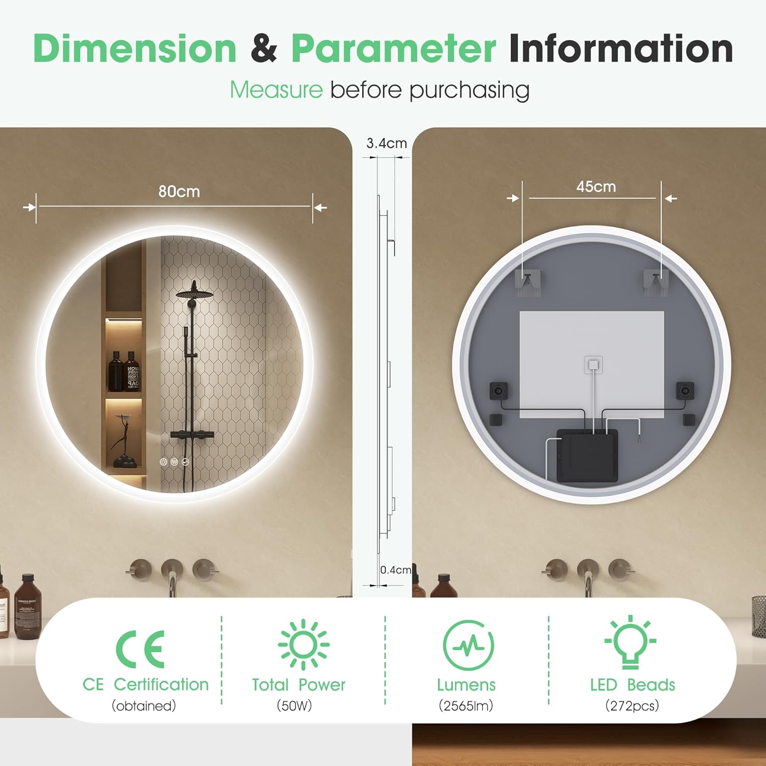 Round LED Bathroom Mirror 800mm Bluetooth Anti Fog Dimmable S'bagno