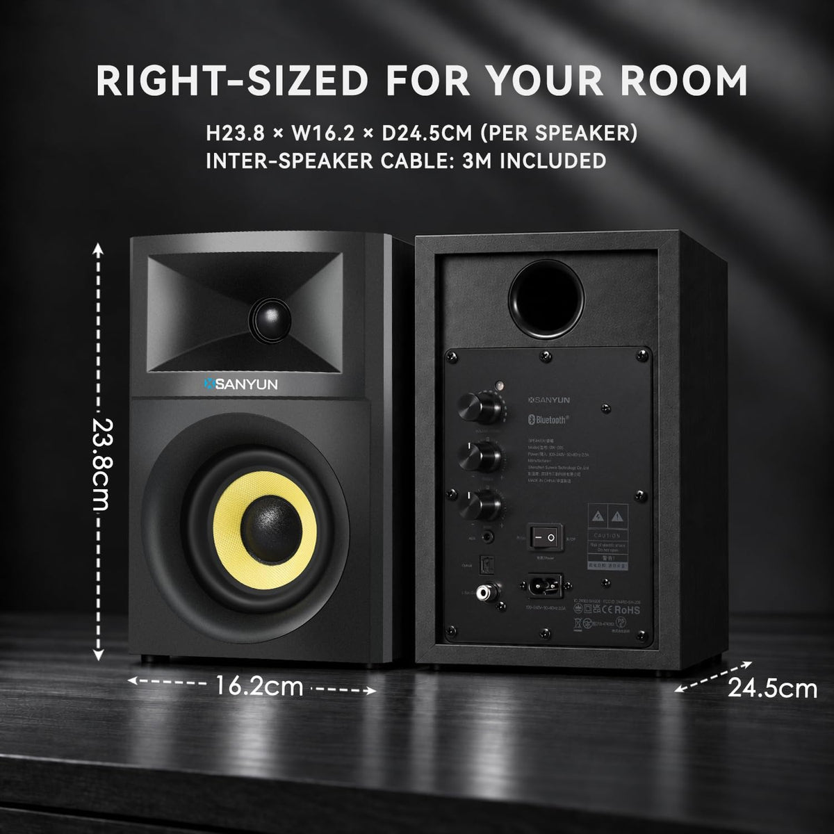 Bookshelf Speakers 4 Inch 2 Way Powered Stereo Audio TV PC Home Sanyun SW205
