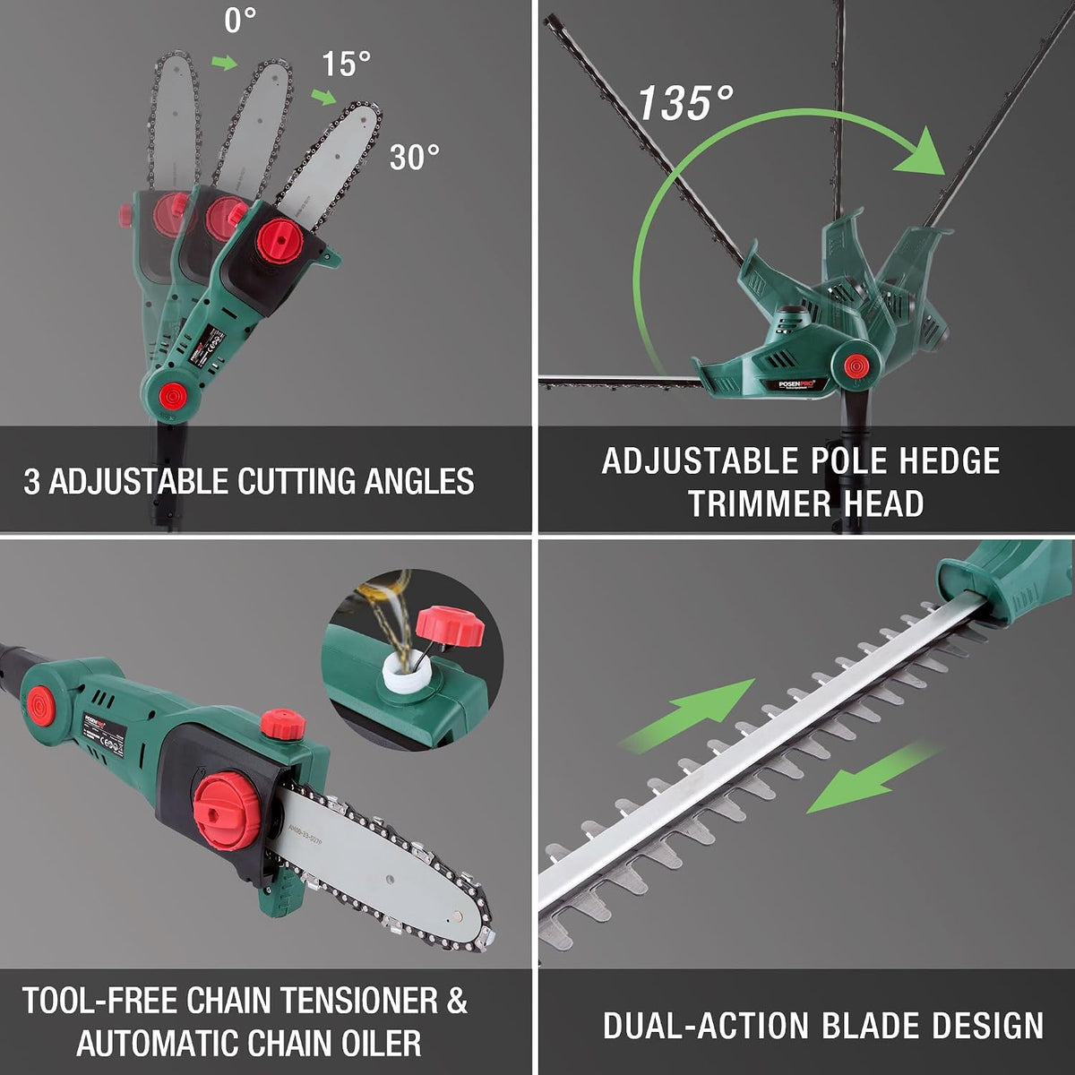 Cordless Pole Saw Hedge Trimmer 20V 2 in 1 2x2.0Ah Batteries POSENPRO Garden Tool