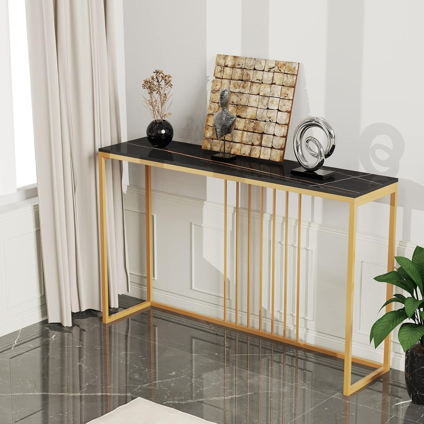 Slim Console Table 120cm, Black Marble Top with Gold Frame for Hallway, Entryway