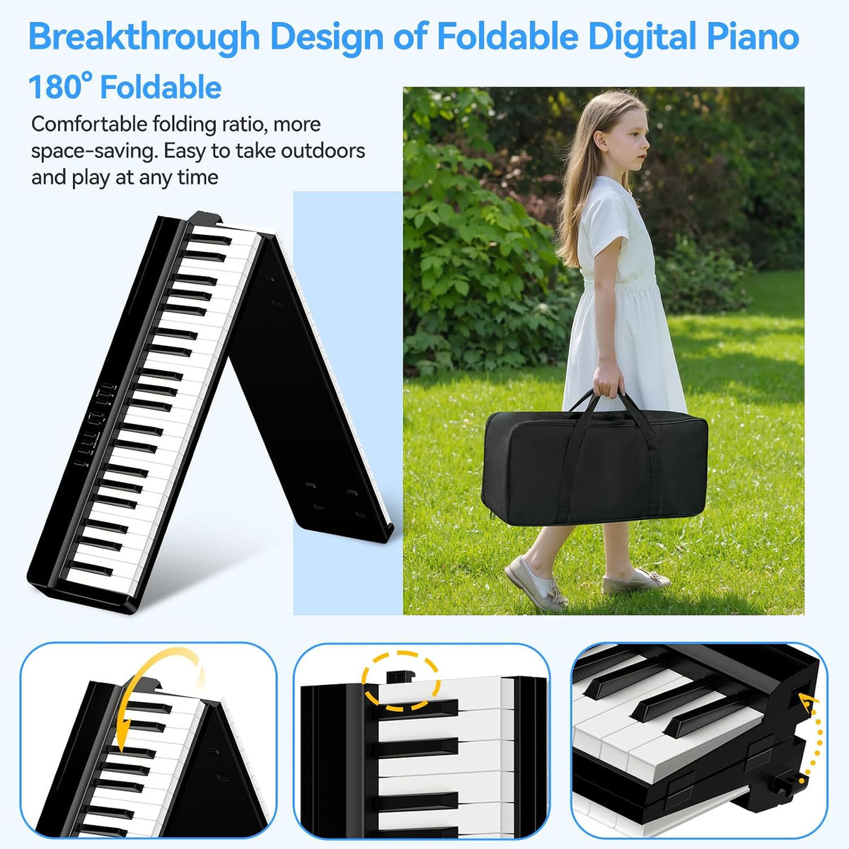 Digital Piano Keyboard 88 Keys Folding Portable Electric Stand Black TERENCE