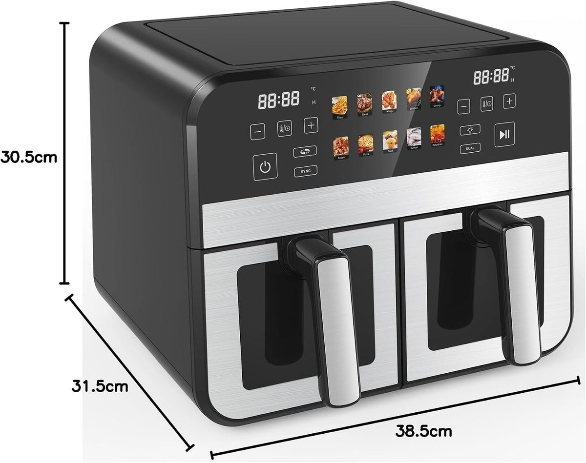 Dual Zone Air Fryer 10L 8 in 1 Double Drawer Viewing Window Family Size Cooker