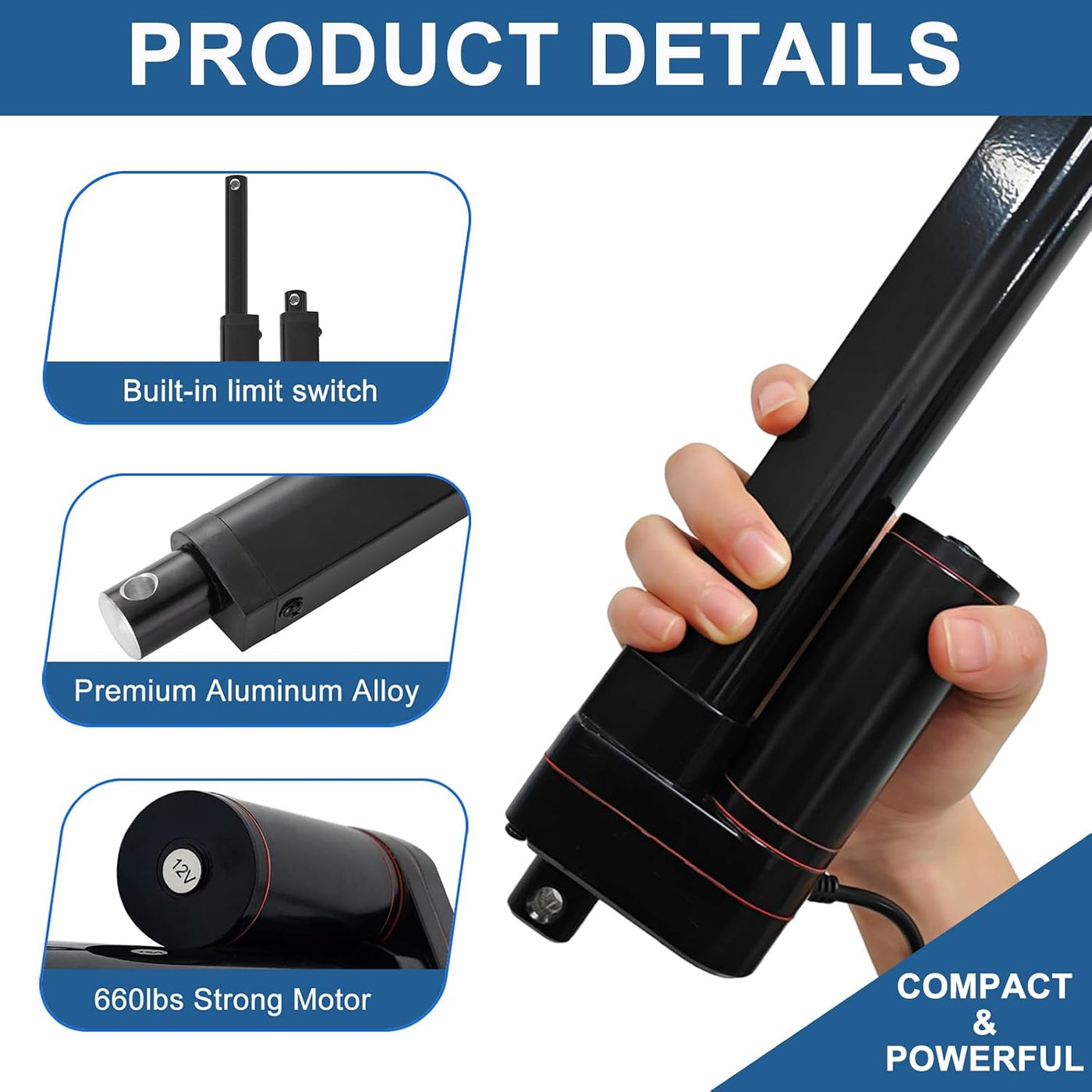 Linear Actuator 500mm 12V Heavy Duty 3000N IP65 Waterproof 5mm/s JQDML Electric