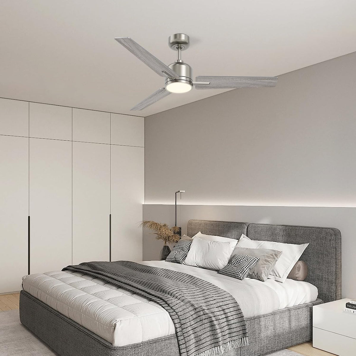 Ceiling Fan with Light 42 Inch Silver Wood Remote Dimmable DC Motor Newday