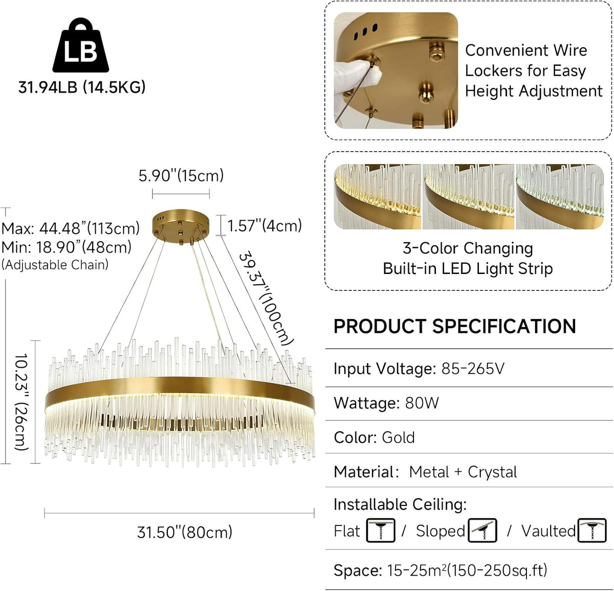 Crystal Chandelier 80cm Gold LED Round Pendant Ceiling Light Modern Hanging Lamp