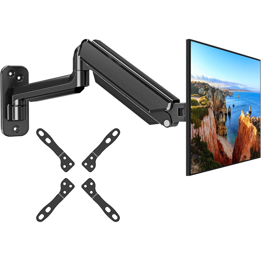Black wall mount for a monitor with attached brackets on a white background