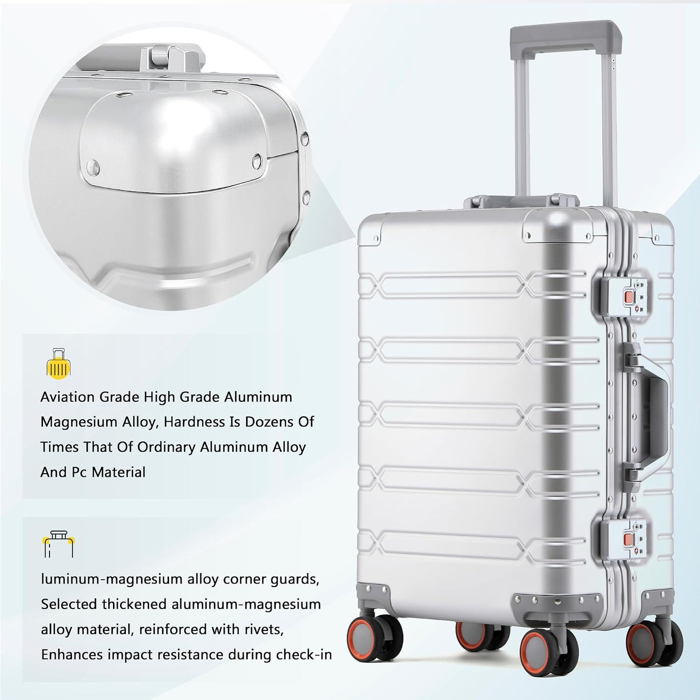Aluminum Carry On Luggage 20 Inch Hard Shell TSA Lock Silver Simcat Suitcase