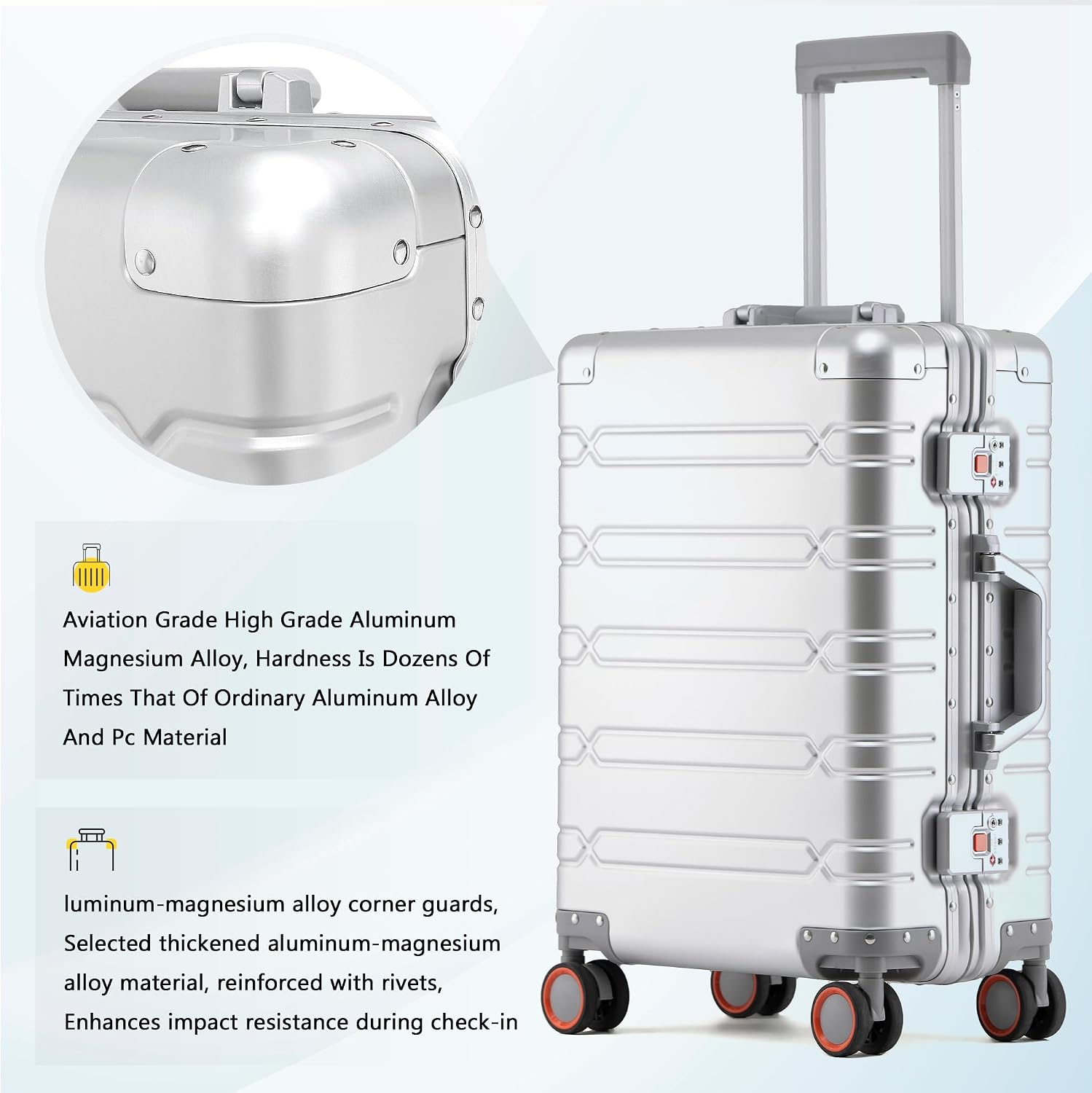 Aluminum Carry On Luggage 20 Inch Hard Shell TSA Lock Silver Simcat Suitcase
