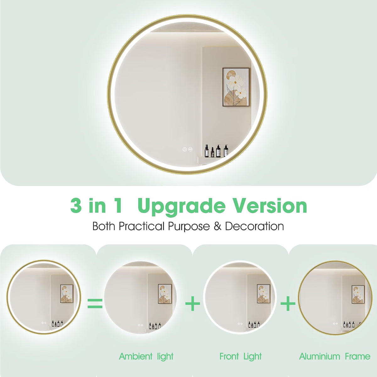LED Bathroom Mirror 800mm Round Gold Dimmable Demister 3 Colour S'bagno