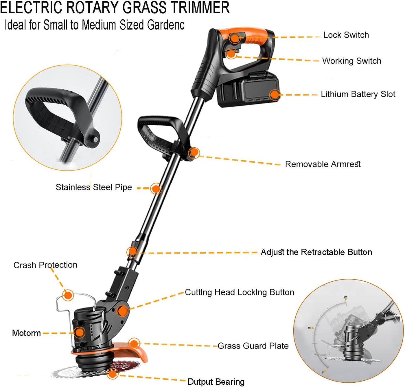 Electric rotary grass trimmer with labeled parts on a white background