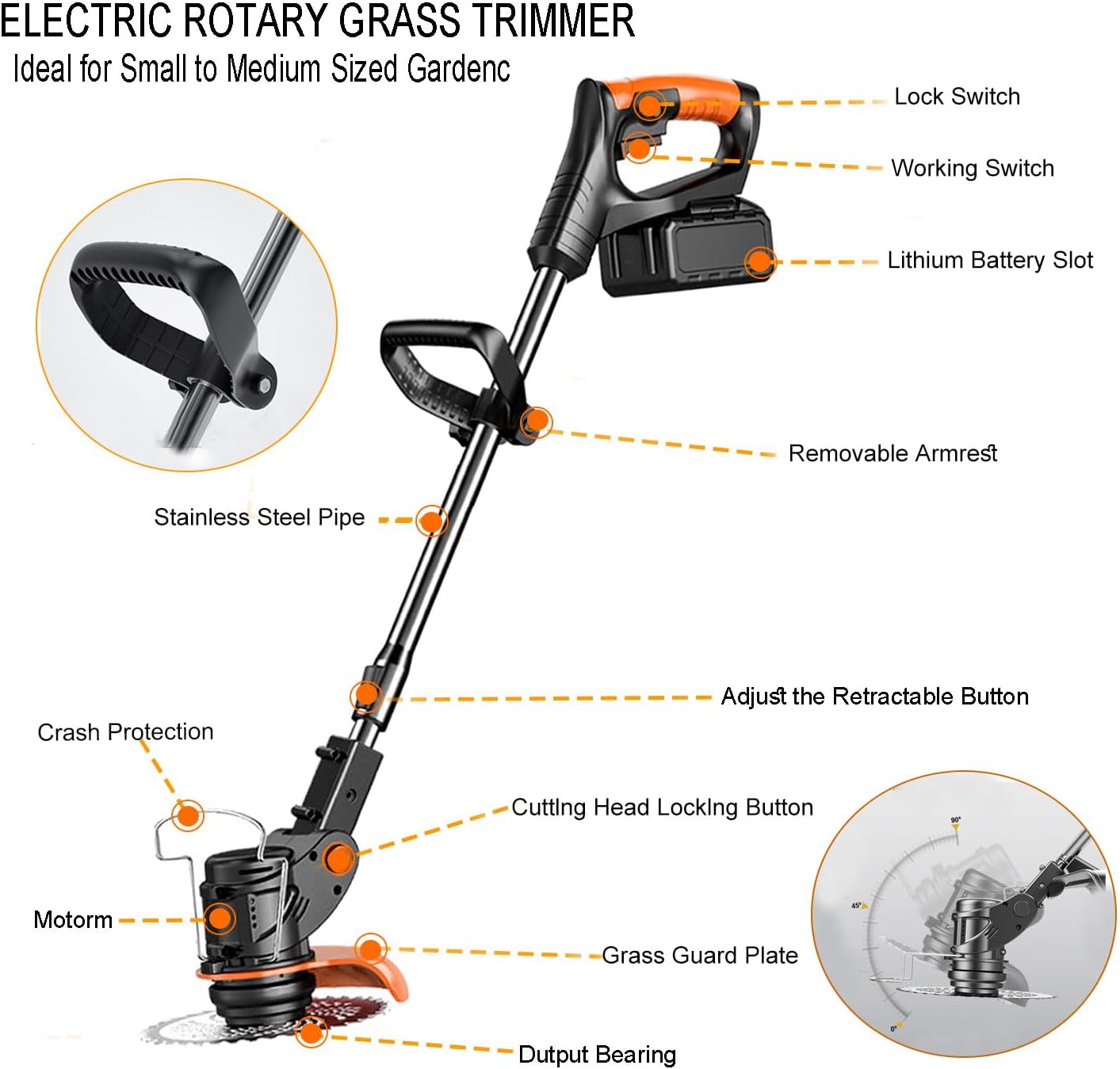 Electric rotary grass trimmer with labeled parts on a white background