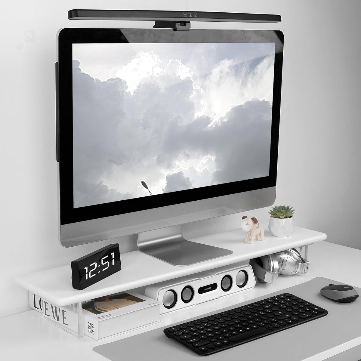 Bamboo Monitor Stand 80cm Desk Riser Acrylic Legs Laptop Printer TV Shelf White