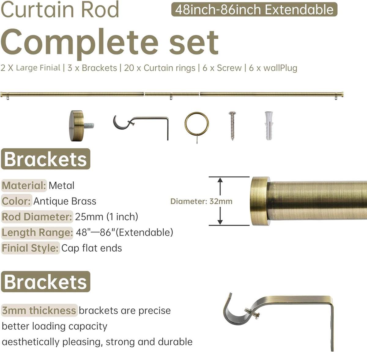 Extendable Curtain Pole 120-210cm 25mm Antique Brass Cap Finials Curtain Rod Set