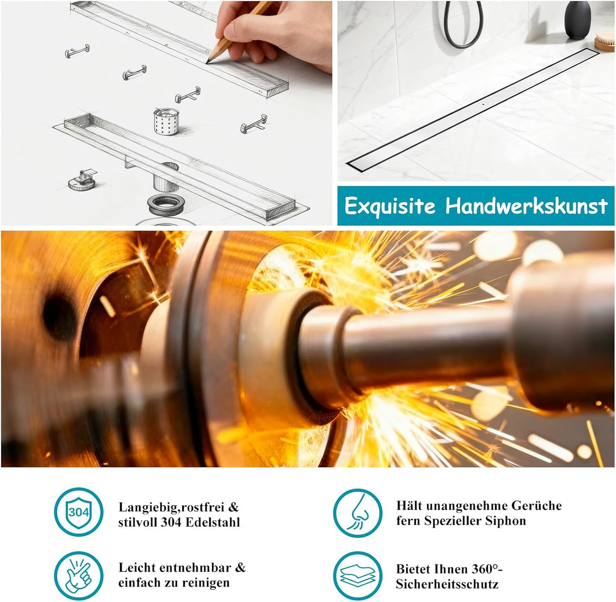 Linear Shower Drain 100cm 304 Stainless Steel Tile Insert 360 Siphon DN40 DN50