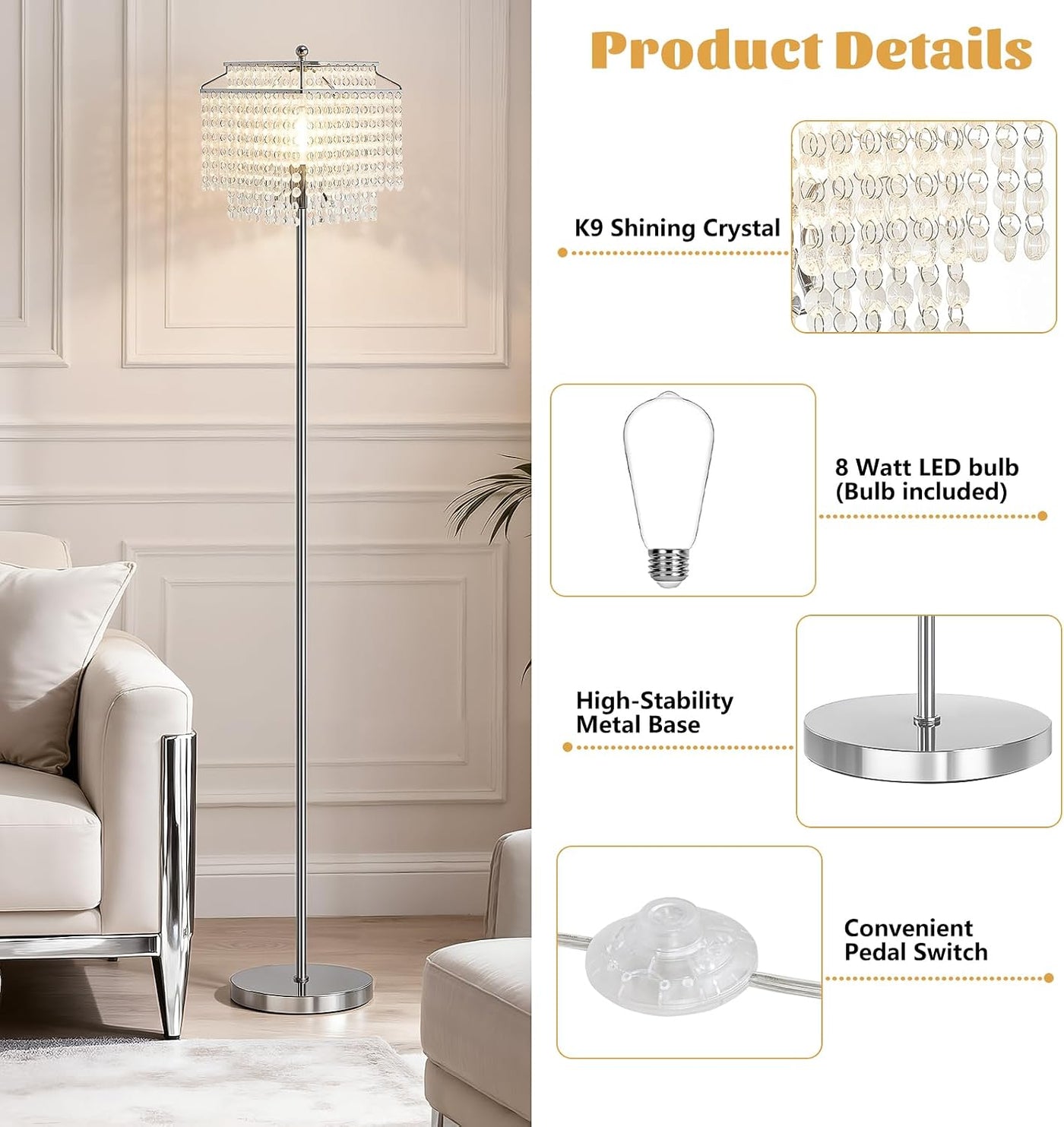 Crystal Floor Lamp Modern Standing Light Foot Switch Energy Class A+++ Home Decor