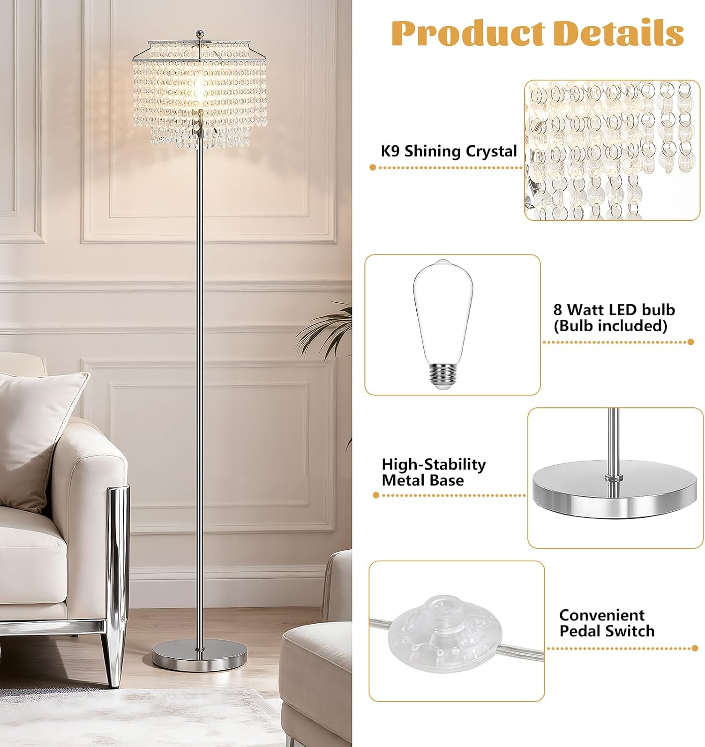 Crystal Floor Lamp Modern Standing Light Foot Switch Energy Class A+++ Home Decor