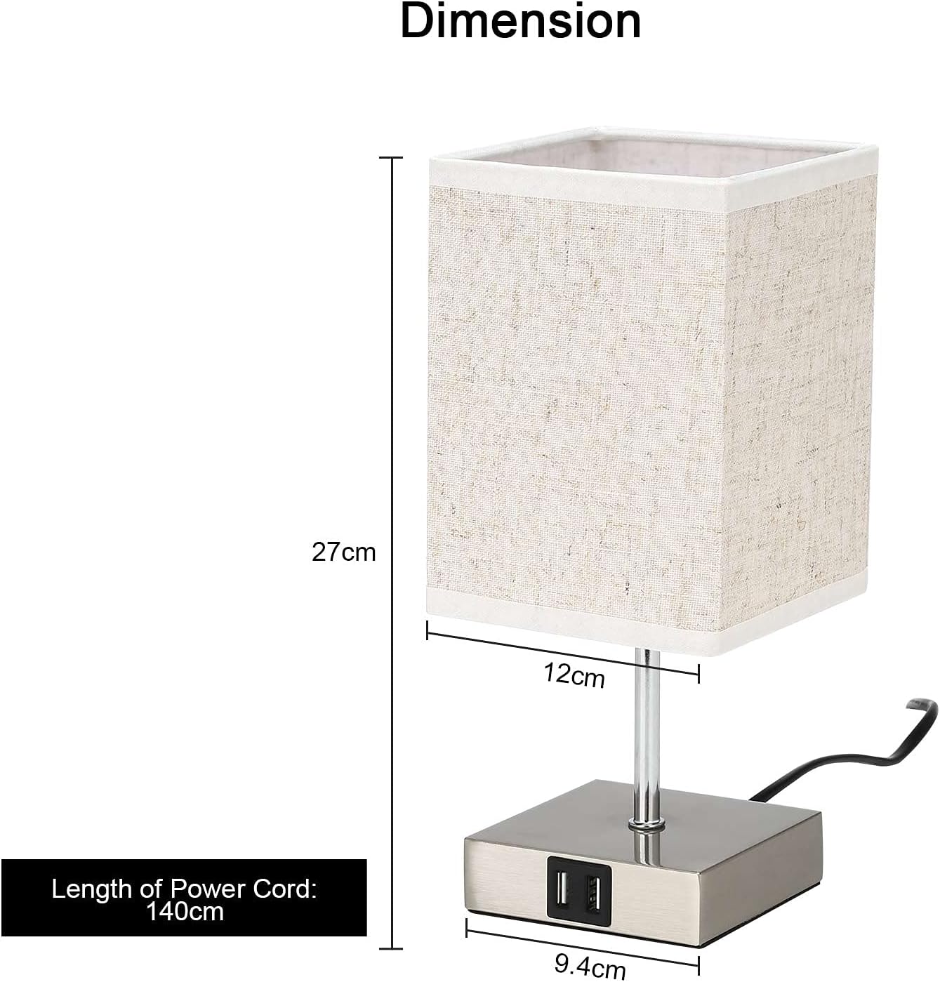 Table lamp with dimensions and power cord length displayed