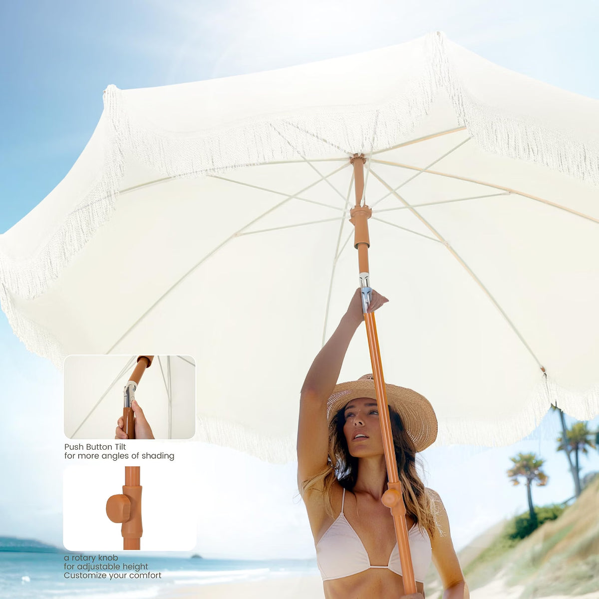 Beach Umbrella 2M UPF 50+ Fringed Boho Parasol Ground Drill Ivory PHI VILLA Patio