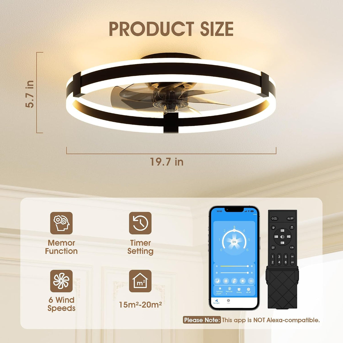 Ceiling Fan with Light 50cm Black Remote Control Modern LED Ceiling NIORSUN
