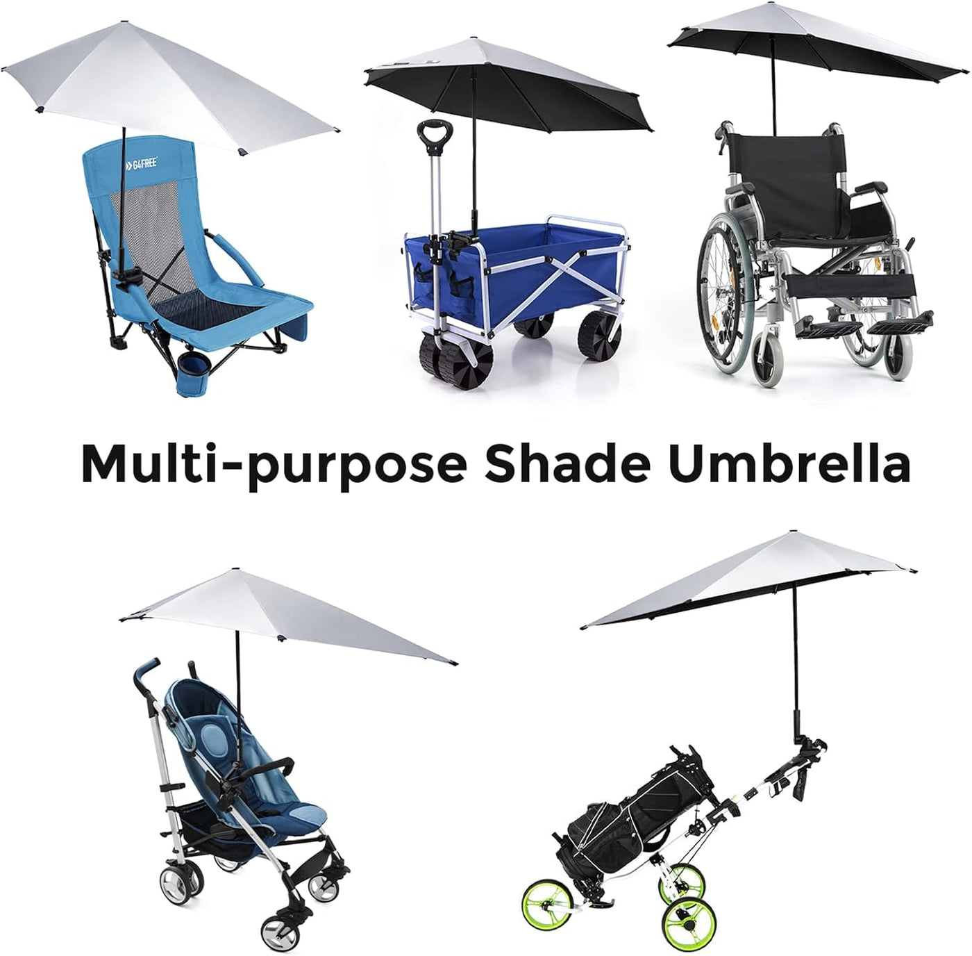 Multi-purpose shade umbrella attached to various wheeled products on a white background.