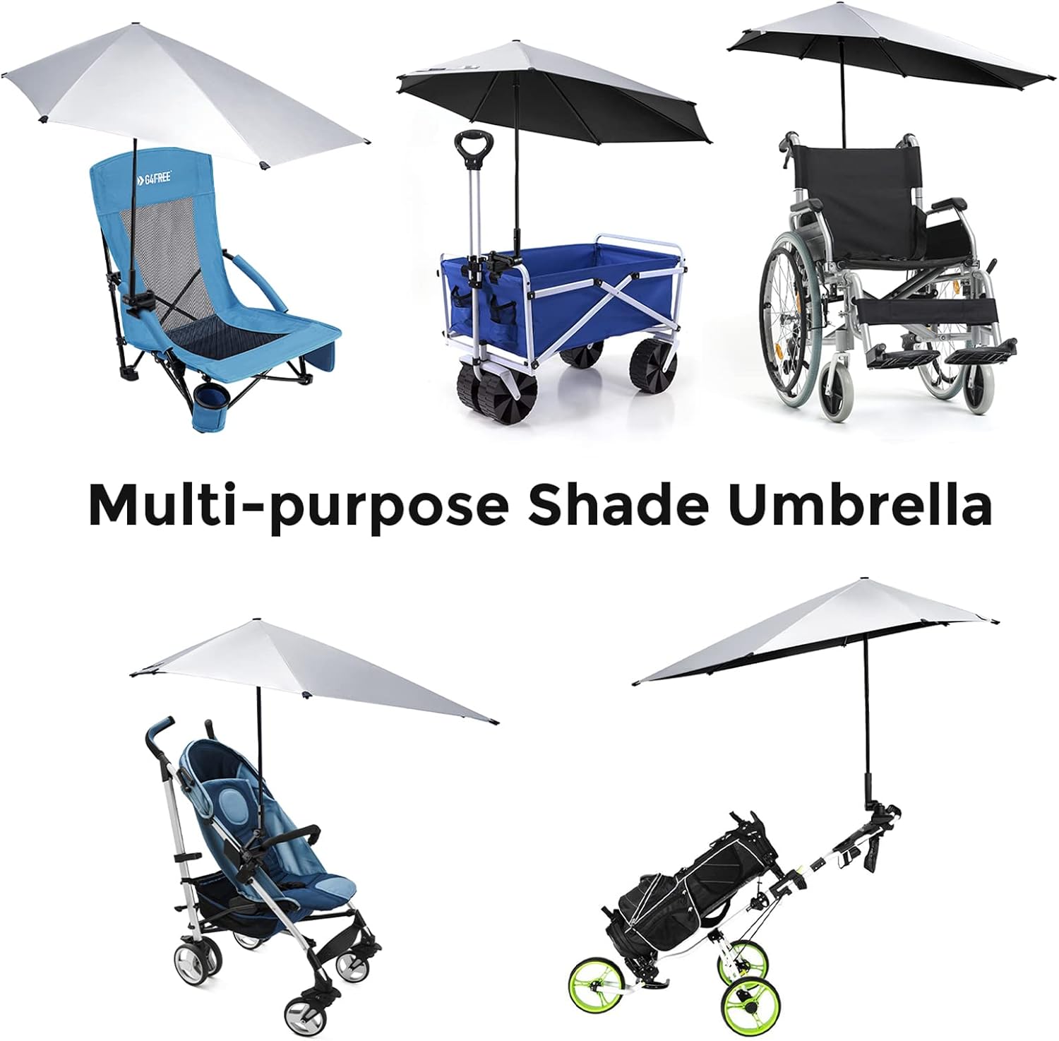 Multi-purpose shade umbrella attached to various wheeled products on a white background.