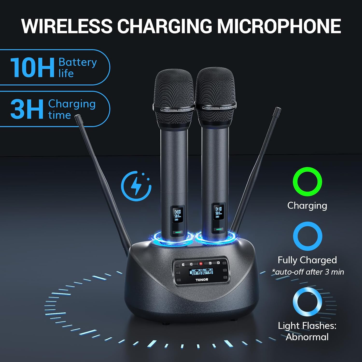 Wireless Microphone System UHF Rechargeable 80m Range Bluetooth TONOR Black