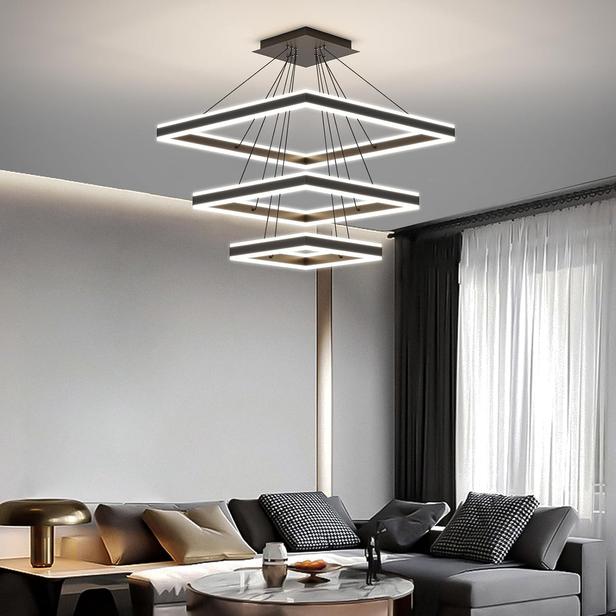 LED Pendant Light 3 Tier Square Black Dimmable Adjustable Chandelier Modern