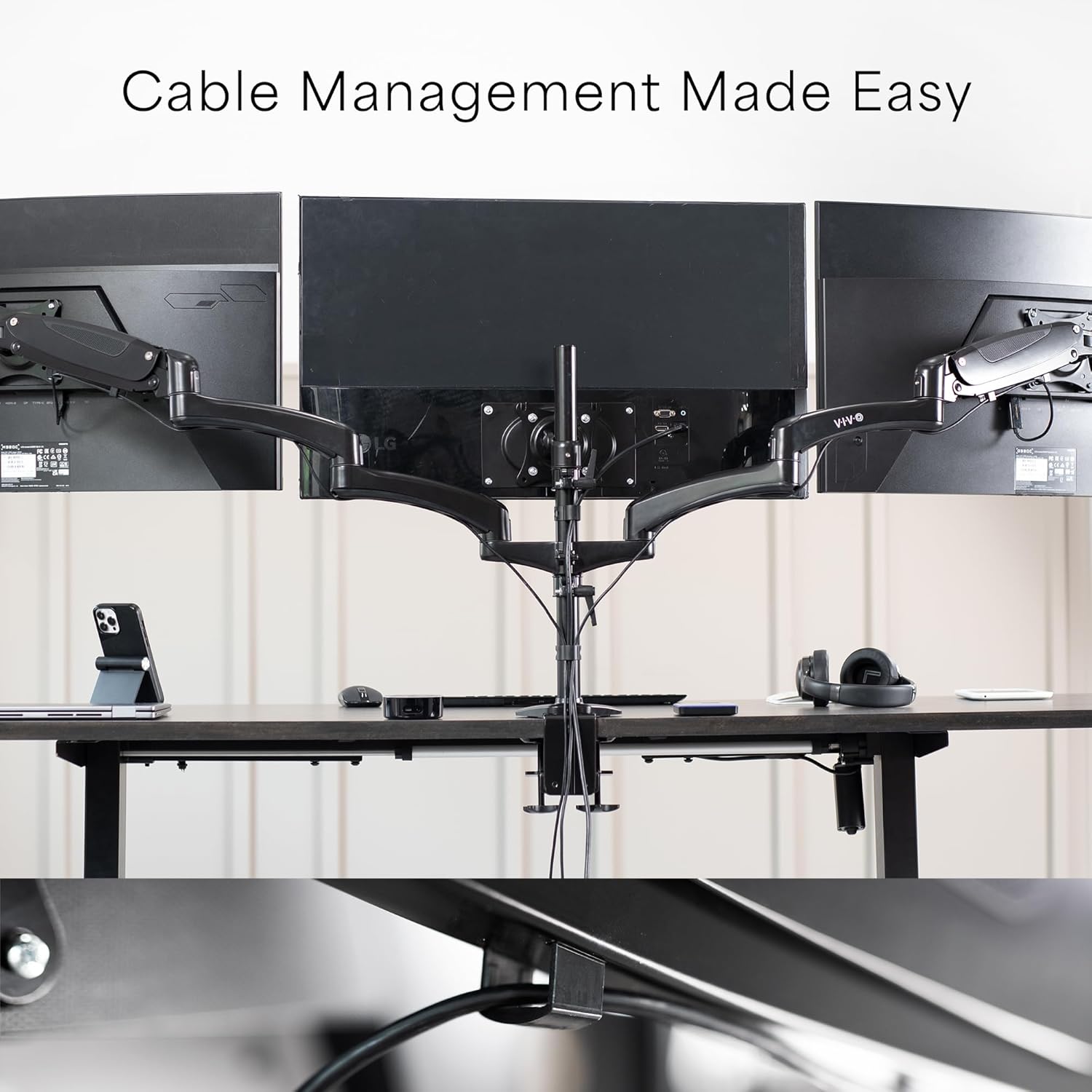 Triple Monitor Desk Mount 32 Inch Gas Spring VESA 100 Black VIVO STAND-V300G